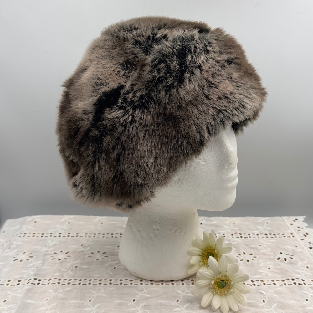 Coldwater Creek Faux Fur Hat Brown Black Animal Print Winter One Size Warm Cozy
